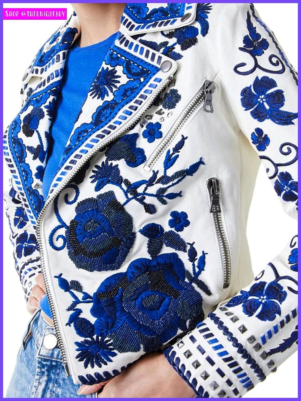 Alice + Olivia Cody Embroidered Floral Studded Embellished Leather Moto Jacket - Picture 1 of 17